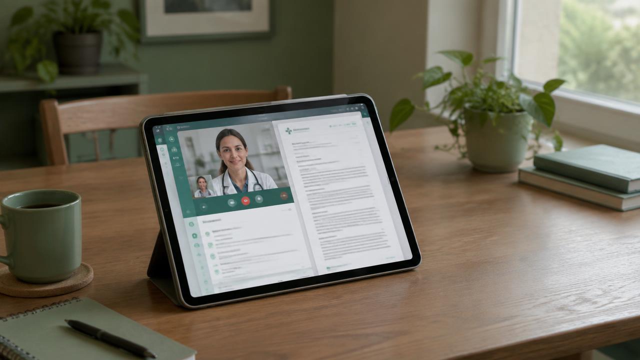 Tablet mostrando atendimento online e atestado digital validado
