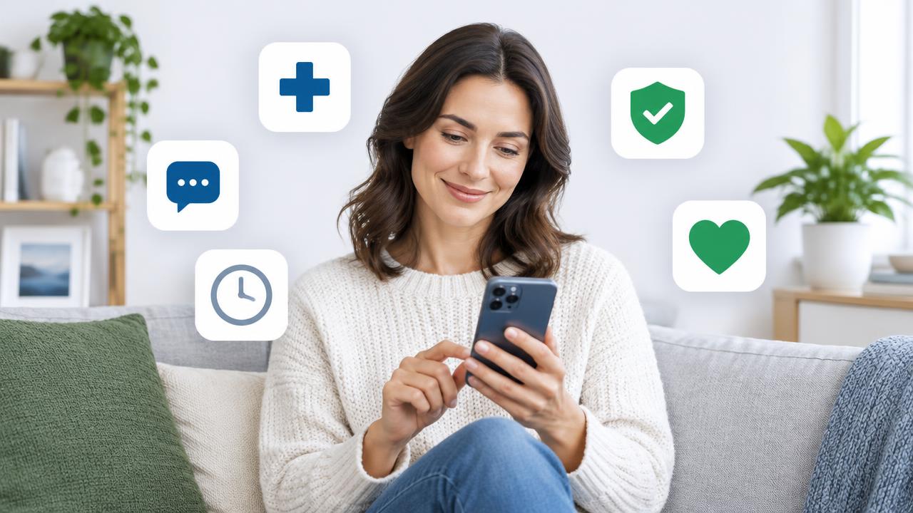 Pessoa sorrindo em casa segurando o celular, cercada por ícones de saúde, chat, relógio, escudo verde e coração em cards brancos
