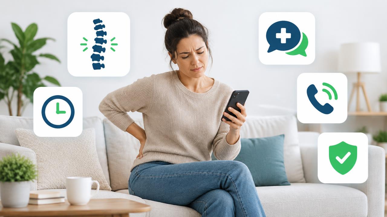 Pessoa adulta sentada no sofá em casa com uma das mãos na parte baixa das costas, segurando o celular com a outra mão, com ícones de teleconsulta ao redor