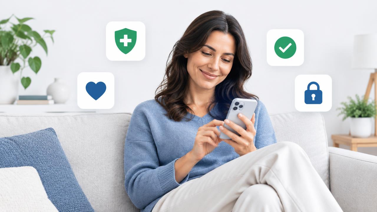 Pessoa sorrindo no sofá de casa olhando o celular, com ícones de escudo de saúde, coração, checkmark e cadeado