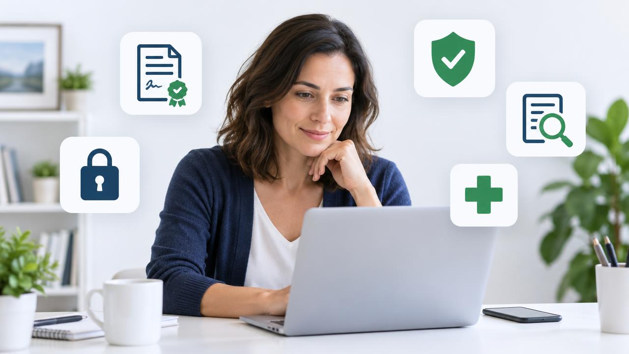 Pessoa em um escritório claro confere um documento no notebook, com celular ao lado, e símbolos de documento assinado, escudo verde, lupa, cadeado e cruz de saúde