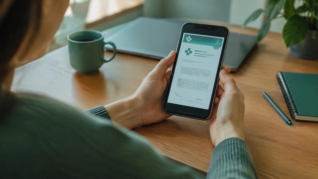 Paciente recebendo atestado médico digital em PDF no celular após teleconsulta
