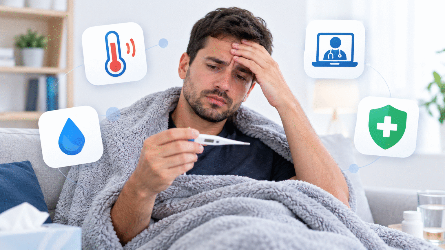 Adulto aferindo temperatura com termômetro em casa