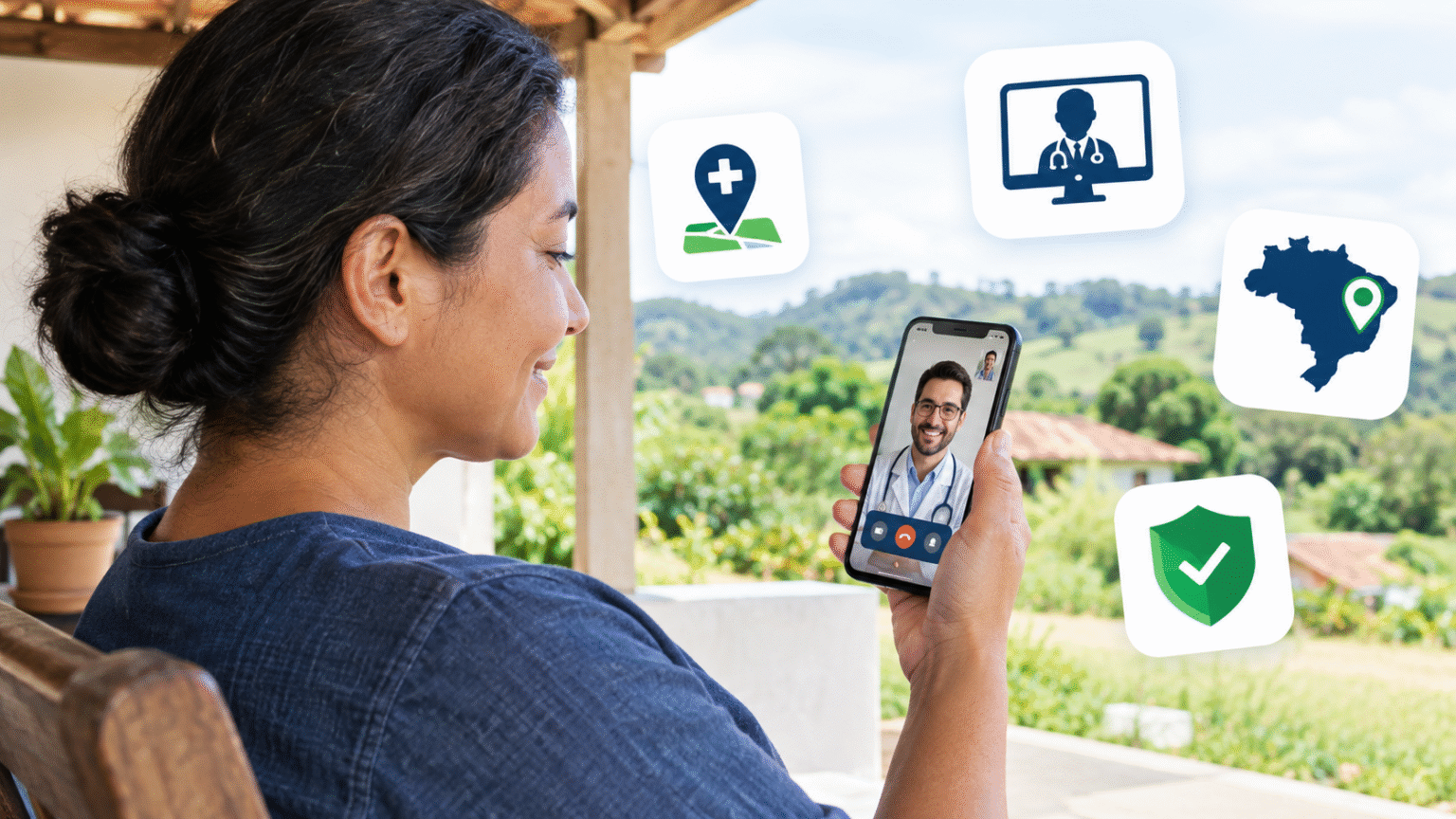 Pessoa em área rural fazendo teleconsulta pelo celular