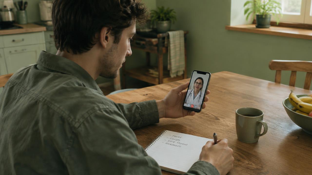Pessoa em casa fazendo teleconsulta pelo celular para conseguir atestado médico